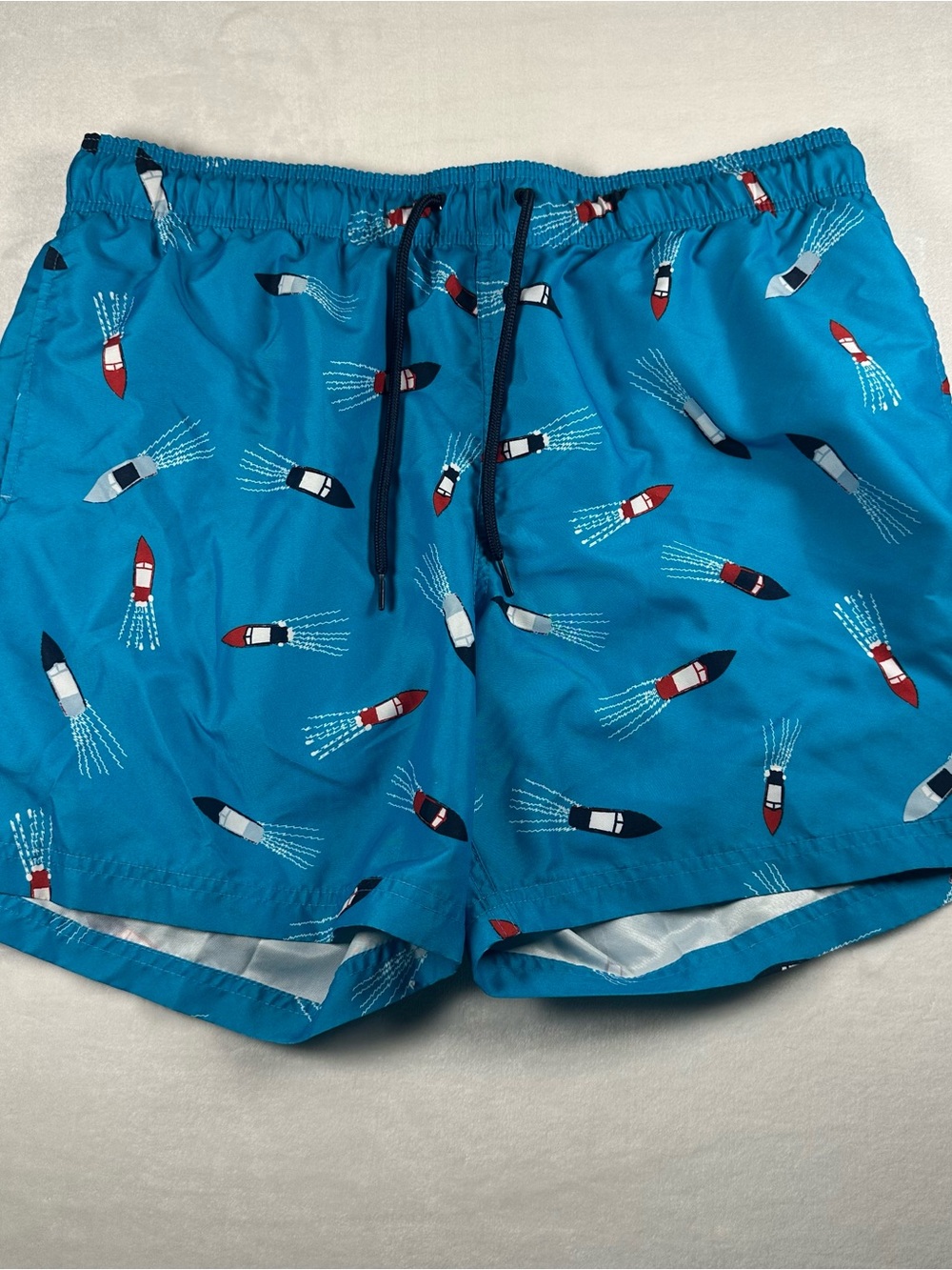 George Bright Blue Swim Trunks with Red, White & Navy Boat Print